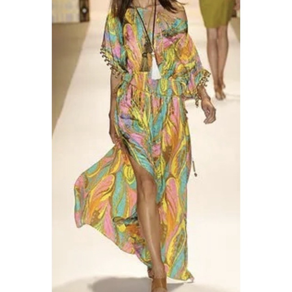 Milly New York Womens 100 Silk Caftan Maxi Dress Size 6 Smocked Resort Boho